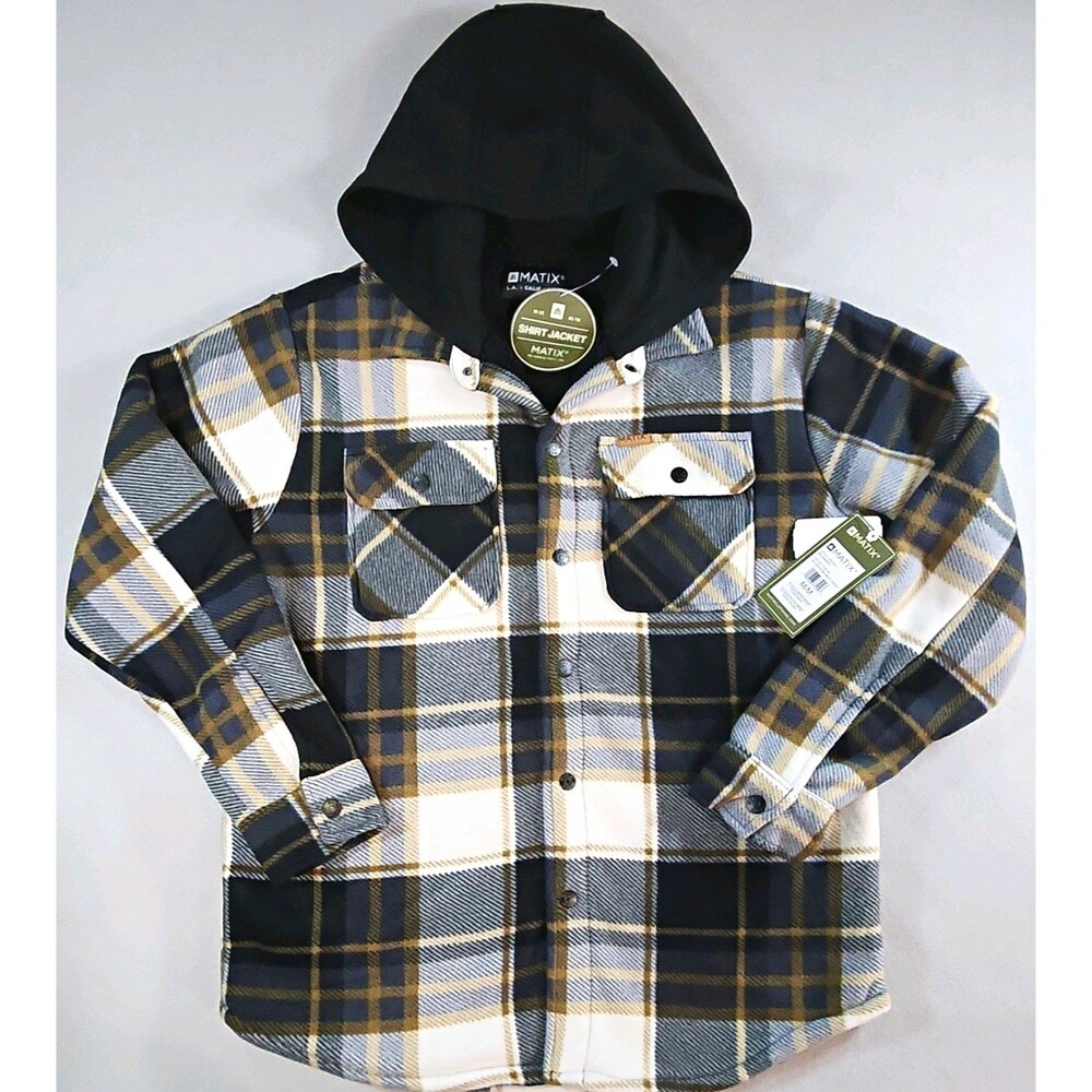Matix Men's Hooded Lined Plaid Shacket Jacket w/ Pockets, Off White, M